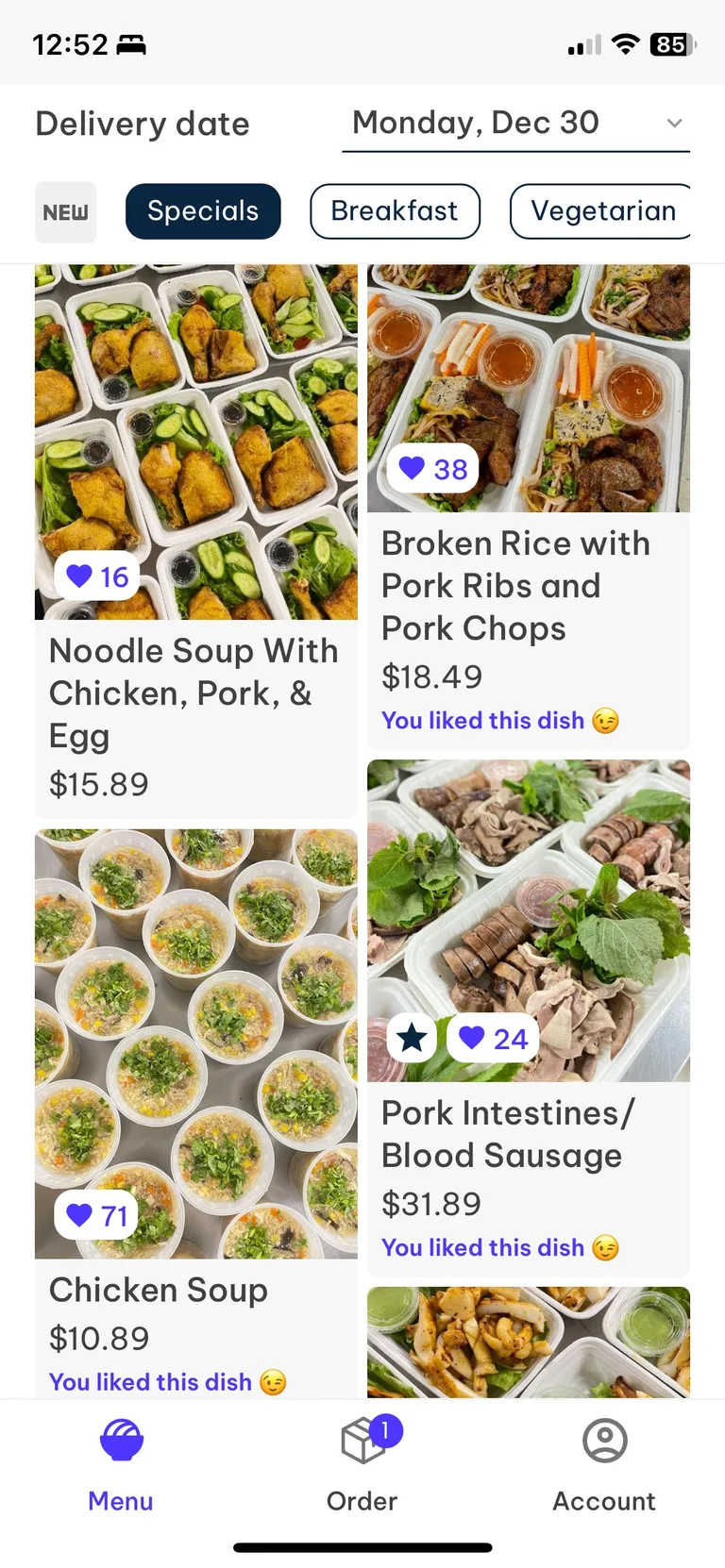 The Vocado app's menu for one delivery day