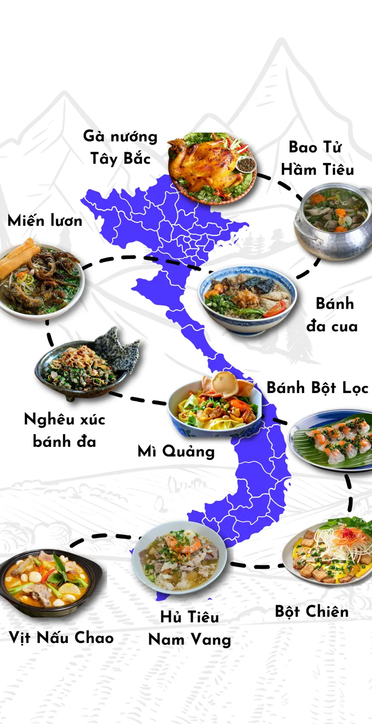 A map of Vietnam with a regional speciality pinned to each area